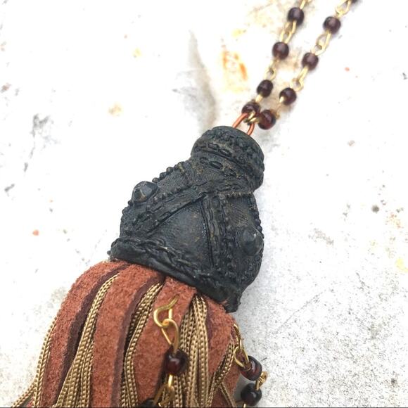 Tan & Orange leather Fan Pull or furniture Tassel Pull with ornate gray top VTG - Picture 7 of 13